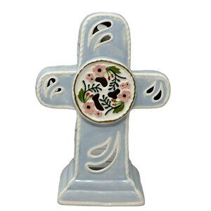 Blue Sky Clay Blue Cross Tea Light Holder Ceramic Heather Goldminc Pink Floral